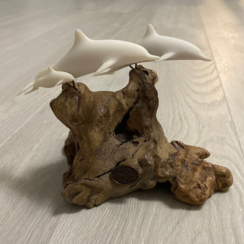 John Perry vintage natural wood dolphins sculpture statue